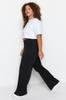Women's Style Plus Size Black Crepe High Waist Ribbed Knitted Trousers