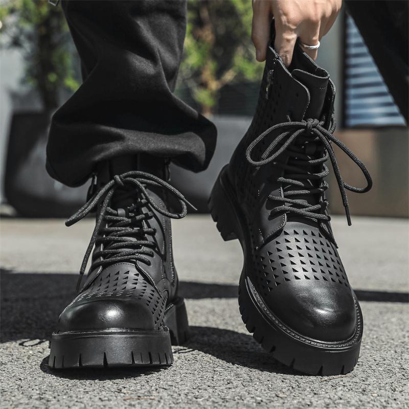 Мужские белые высокие кожаные ботинки 2024 года, новые зимние рабочие ботинки для ходьбы, ботинки на толстой подошве в британском стиле с выемками