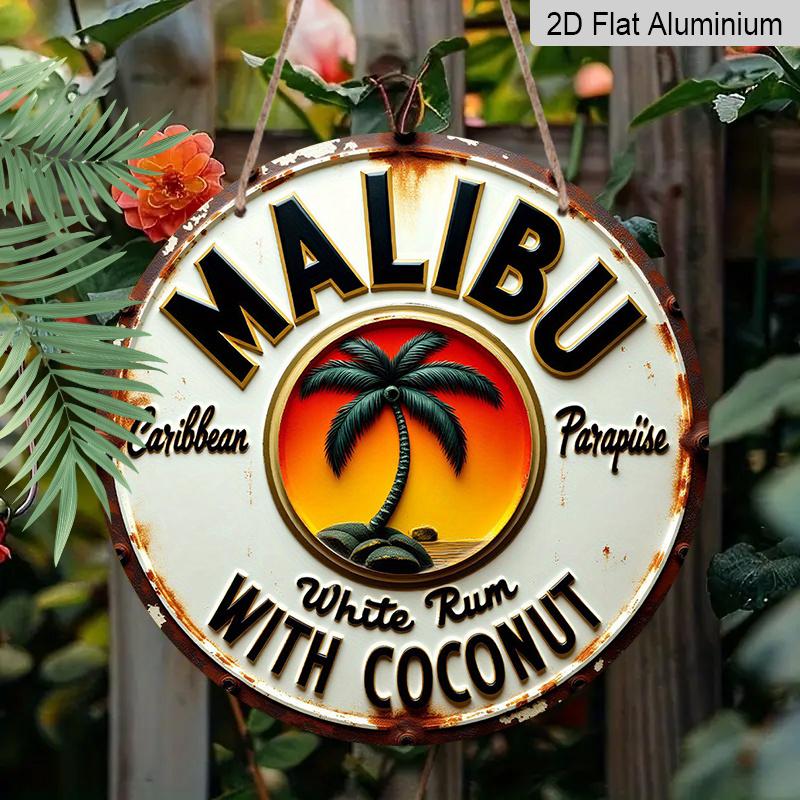 [Tropical Rum Sign]2D Flat, 1pc Tropical Caribbean Rum & Coconut Metal Wall Sign - Round Durable Aluminum Beach Art with Palm Trees & Parrot for Bar