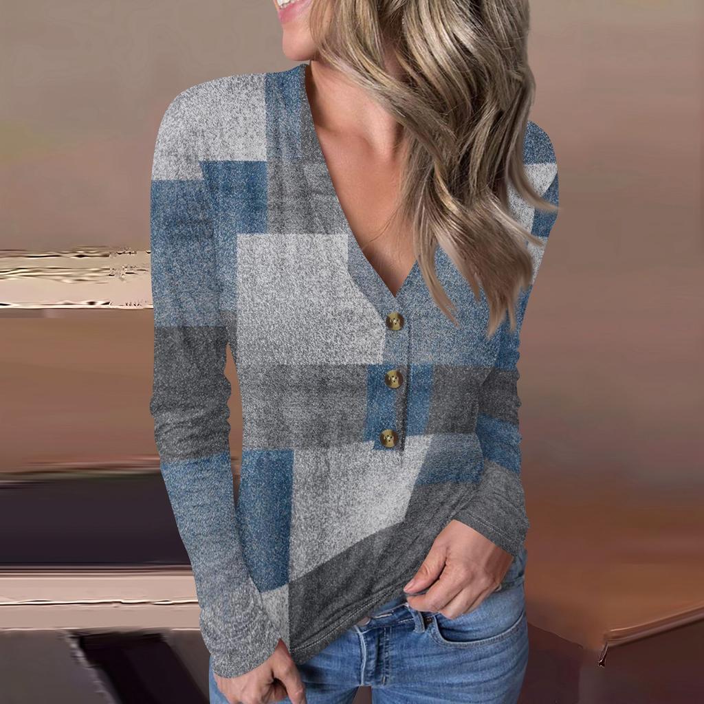 Women's Casual V-Neck Pullover Geometric Printing Button Top