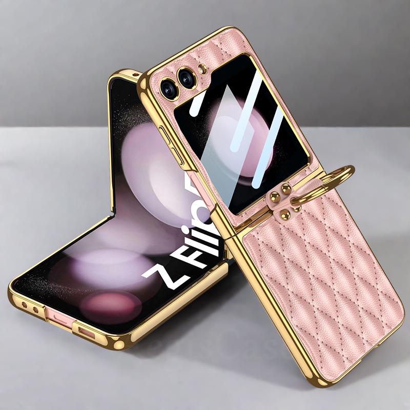 Для Samsung Galaxy Z Flip 6 5 Чехол Алмазная Кожаная Подставка-Кольцо Защитная Пленка для Заднего Экрана Покрытие с Гальваническим Краем для Чехла Galaxy Z Flip6