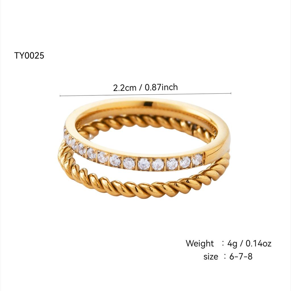 Korean Fashion Personality Cold Style Senior Sense Of Stainless Steel 18K Gold-Plated With Diamonds Double Layer Ring Female