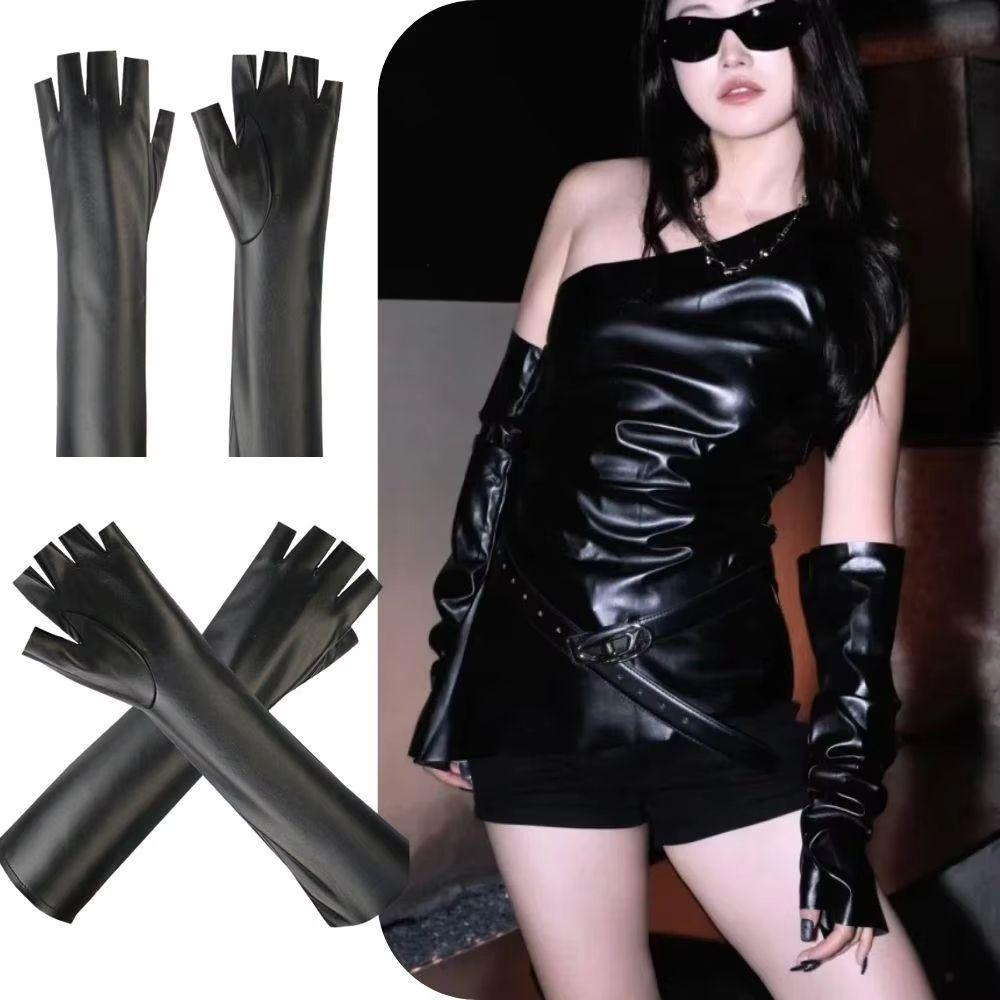 Fleece Lined Fingerless Gloves Black PU Leather Gloves Cool Half Finger Mittens Dance