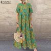 Vintage Floral Print Summer Casual O-neck Short Sleeve Loose Long Dress