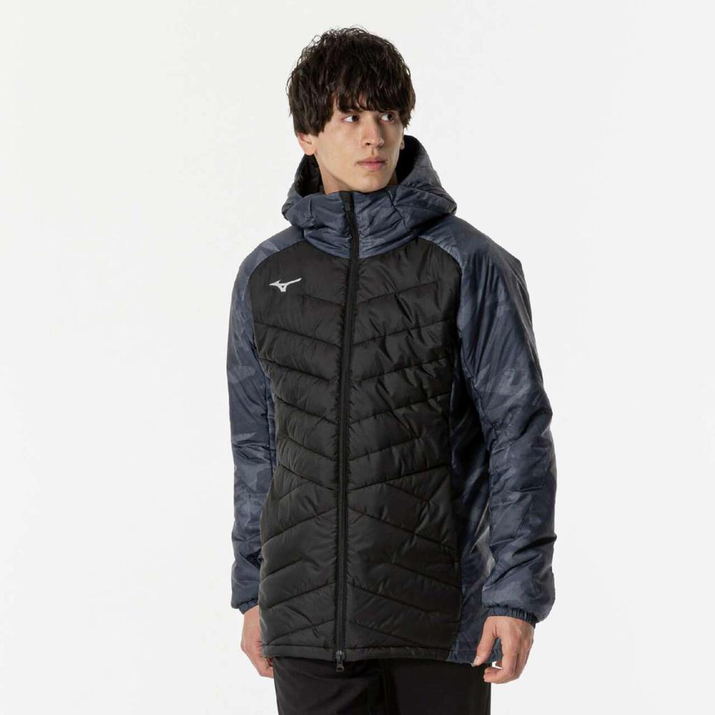 Mizuno Techfill Breath Thermo Training Black Coat, Mid-Length, Water-Repellent, Moisture-Wicking, Heat-Retaining, Washable, Windproof, 32MEB536,