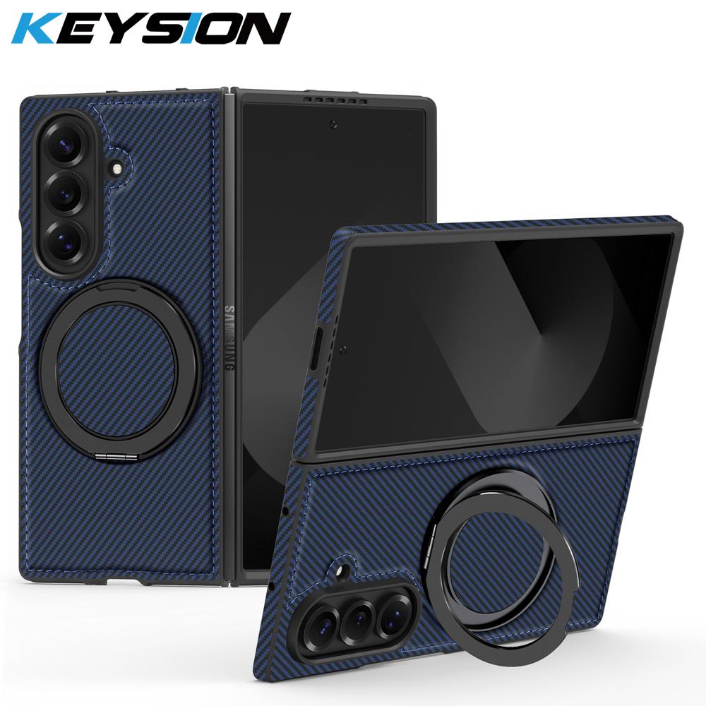 KEYSION Чехол с текстурой кевларового углеволокна для MagSafe для Samsung Galaxy Z Fold 7 6 5 4 3 с вращающейся на 360° магнитной подставкой-кольцом, чехол для телефона