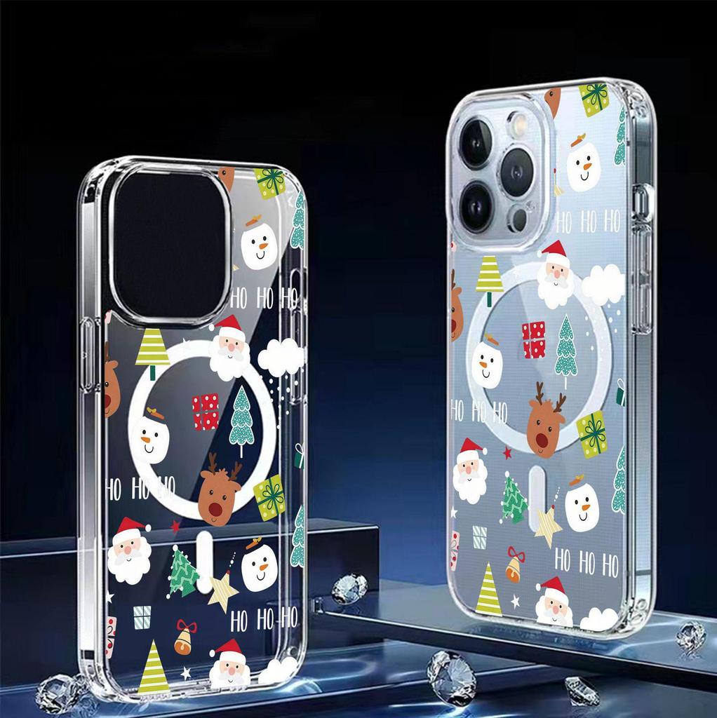 Магнитный прозрачный чехол со снеговиком и головой оленя для iPhone 15/16/17 Pro Max - Защита по всей поверхности