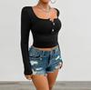 Women's Sexy Summer Scoop Neck Long Sleeve T-Shirts Button Down Slim Fitted Casual Basic Top