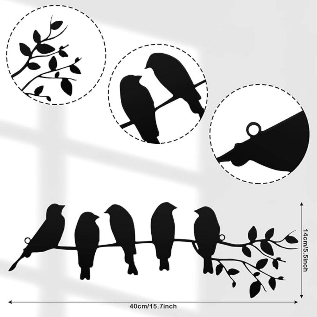 Birds On Branch with Leaves - Metal Bird Wall Art - Metal Sculpture Wall Hanging Sign for Balcony, Garden, Home Decor(Black)