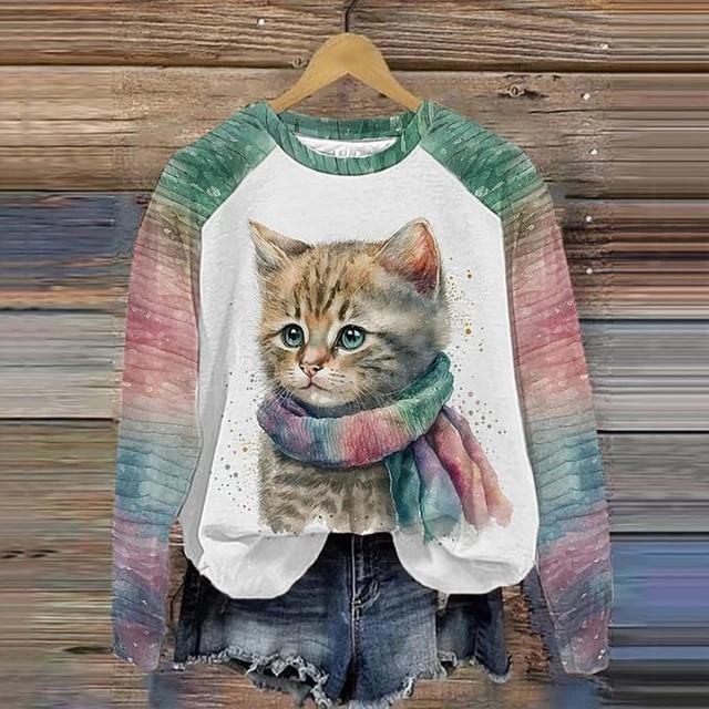 Футболки с длинными рукавами для женщин, забавные кавайные толстовки с принтом кошек и животных, женский милый пуловер с круглым вырезом, женский свитшот