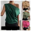 Весенняя однотонная атласная рубашка без рукавов с неровным косым плечом для женщин