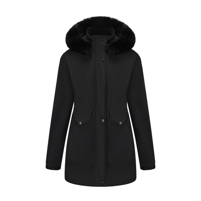 Womens Winter Long Parka Fleece Lined Cotton Coat With Faux Fur Hood Plus Size Warm Outerwear