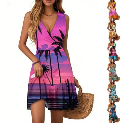 Женское летнее платье с V-образным вырезом, без рукавов, повседневное, с гавайским принтом, плиссированное по подолу