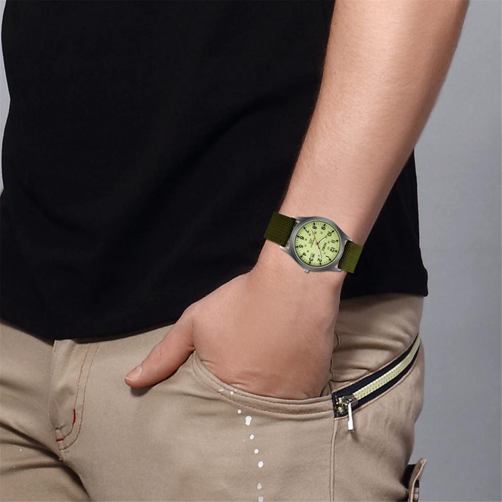 Antique Calendar Luminous Analog Display Simple Stylish Sports Watch Quartz Nylon Belt Green Camping Climbing Fashion Accessories Birthday Anniversary