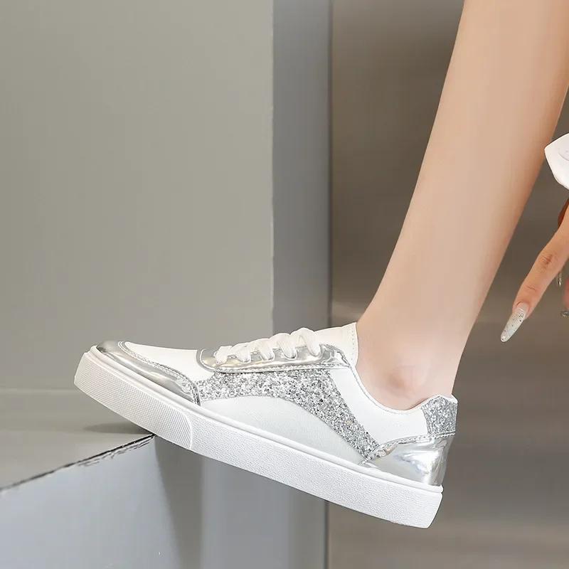 Fashion 2025 Women Casual Shoe Fashion Spring Autumn Sequin Splicing Sneakers Women Shallow Platform Vulcanize Shoes Zapatillas Mujer