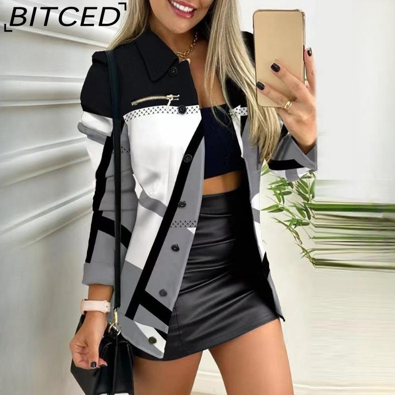 BITCED Женские винтажные повседневные куртки и пальто с решетчатым принтом, осенне-зимние куртки-поло с длинными рукавами и воротником