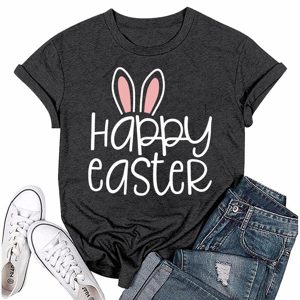 Женская модная пасхальная принтованная повседневная плиссированная круглая футболка с коротким рукавом