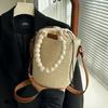 2025 Women Fashion Leisure Handmade Woven Handbags Wooden Beads Handle Bucket Bag Lady Trendy Shoulder Beach Bags