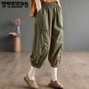 Women's Jeans Army Green Cotton Casual Pants Summer Thin New Fashion Plate Buckle Stitching Large Yards Seven-point Harem Pants