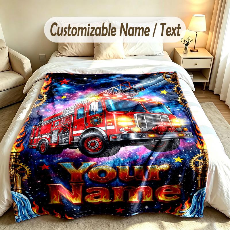Fire Truck Theme Custom Blanket Personalized Name & Text Customized Soft Warm Throw Blanket Home Decor