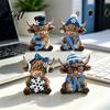 Fine Carving Collectible 4Pcs Christmas Highland Cow Figurine Winter Blue Yak Statues with Snowflakes Xmas Office Desk Accessory Hats Farmhouse
