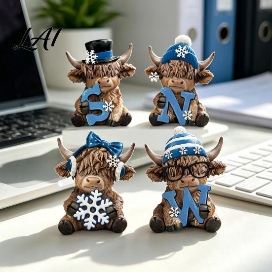 Fine Carving Collectible 4Pcs Christmas Highland Cow Figurine Winter Blue Yak Statues with Snowflakes Xmas Office Desk Accessory Hats Farmhouse