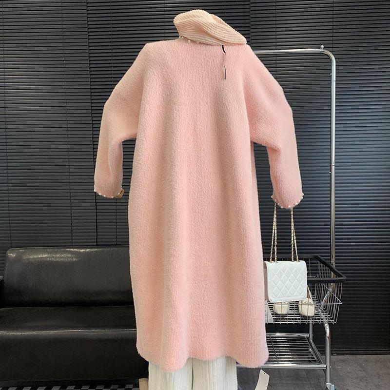 Women's Mink Fleece Cardigan Jacket Autumn and Winter Midi Beaded Knitted Cardigan Loose Casual Over-the-knee Knitted Sweater Coat