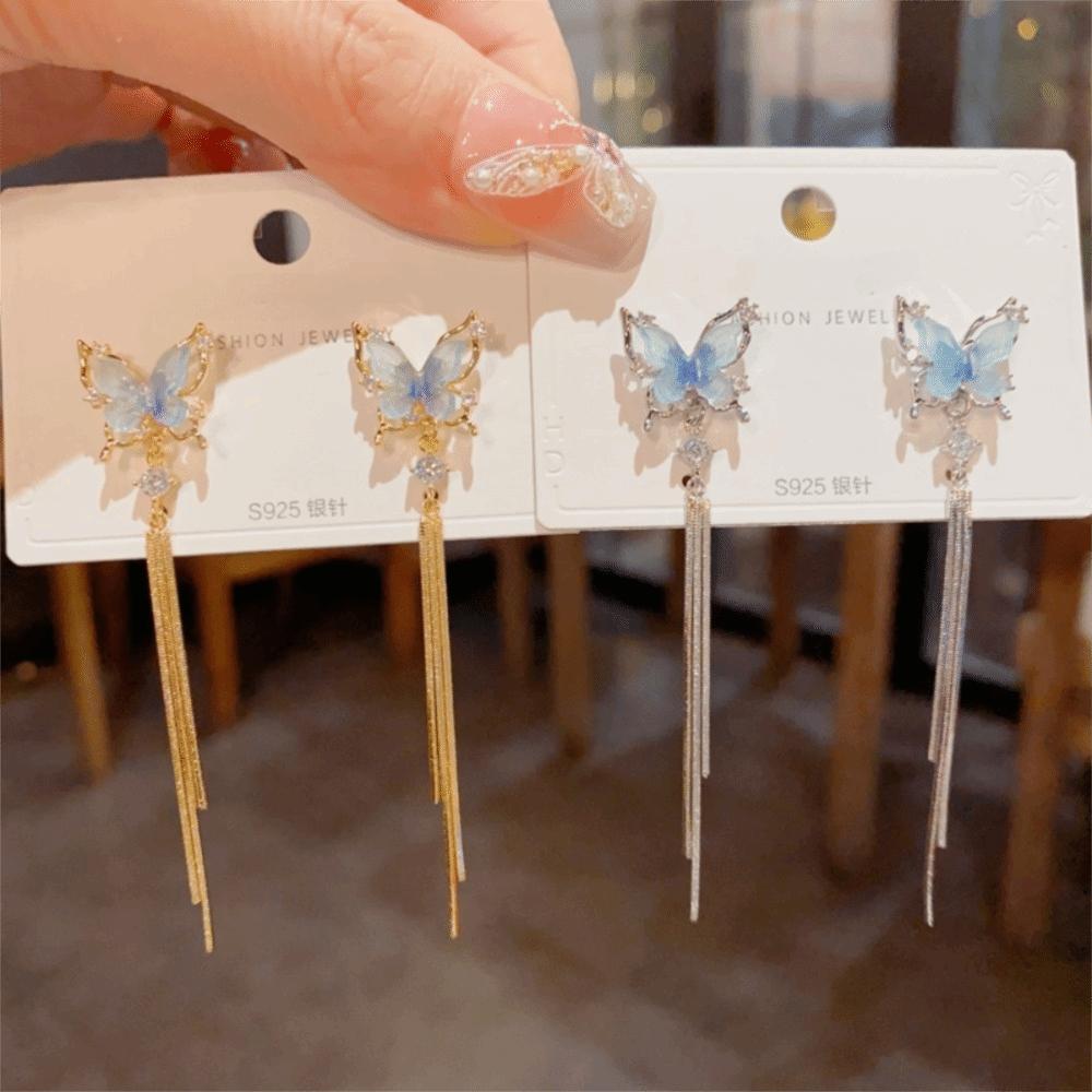 Shiny Zircon Long Pendant Earrings Gold Plated Stud Earrings Butterfly Tassel Drop Earrings  Party