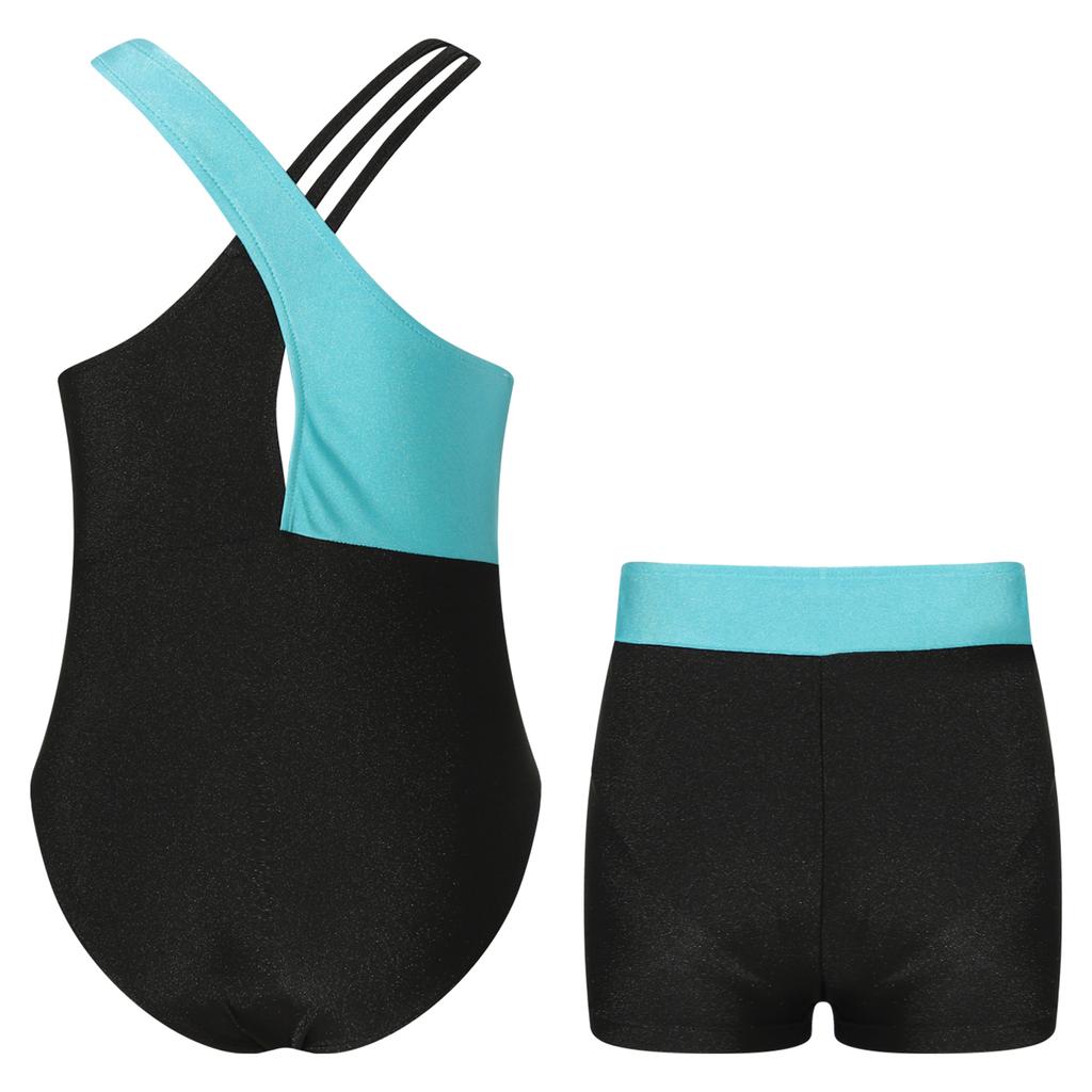 Комплект танцевальной одежды для девочек, без рукавов, с круглым вырезом, украшенный блестящими стразами, контрастного цвета, леотард и шорты