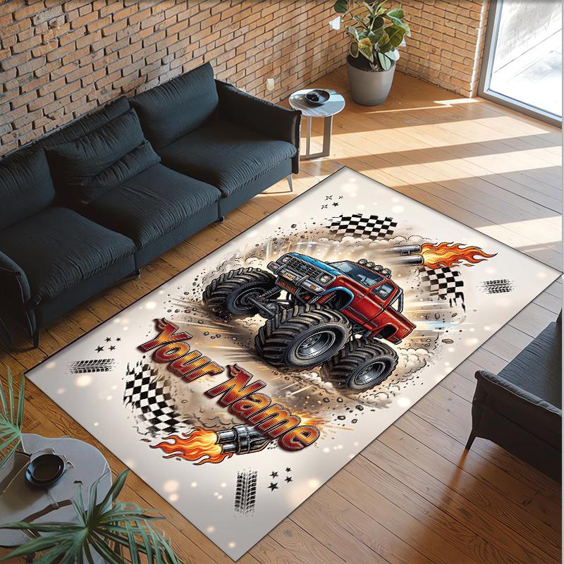 Truck Theme Crystal Velvet Floor Rug Personalized Custom Name Text Warm Carpet Home Decoration