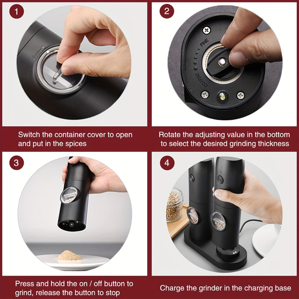 2-piece Electric Grinder with Charging Base,automatic Pepper grinder,USB Charging, Adjustable Thickness, Refillable, Automatic Grinder with LED Lights