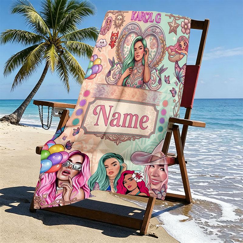 Custom Name Personalized Karol G Print Beach Towel, for Trip Camping Beach Party Home Decor, Birthday Gift for Family & Friends