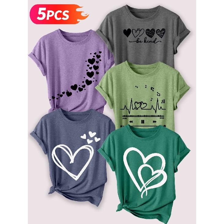 Follow a specific direction Five-piece set for women T Shirt Heart-shaped line art print Summer Casual Elegant Women's Clothing Short Sleeve Top