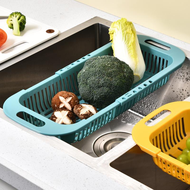 Kitchen Retractable Drain Basket Tableware Storage Racks Fruits Vegetables Cleaning Basin Plastics Water Channel Drain Basket