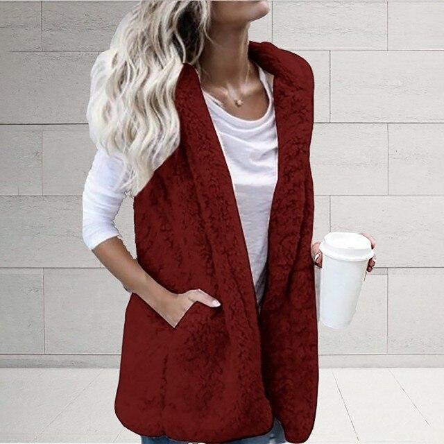 2021 Осень Зима С Капюшоном Искусственный Меховой Жилет Женский Пушистый Теплый Кардиган Пальто Жилеты С Карманами Женская Уличная Куртка Шерпа