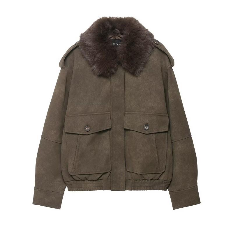 ZA Womens Suede-effect Detachable Collar Jacket Solid Color Fall 2025