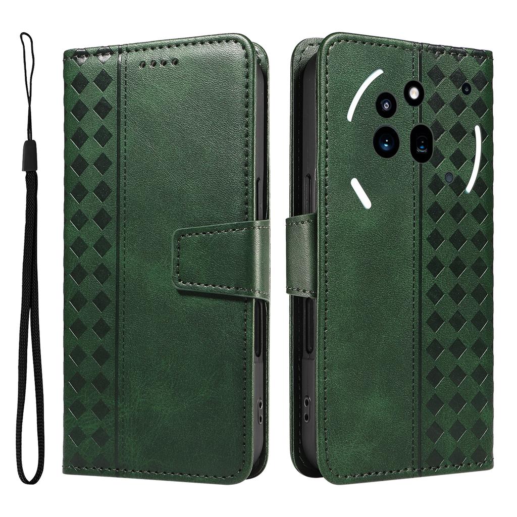 For Nothing Phone (3a) Pro Leather Case Wallet Stand Grids Imprint Phone Cover with Strap