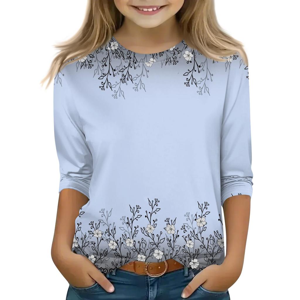 Топы с принтом для девочек 5-16 лет с круглым вырезом и рукавами 3/4 Футболки Модные топы Наряды Футболки