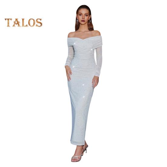 Женское вечернее платье с открытыми плечами, длинными рукавами, сетчатое, пэчворк, плиссированное, с крестом, бандо, облегающее, для выпускного, свадьбы, вечеринки, коктейльного макси-платья