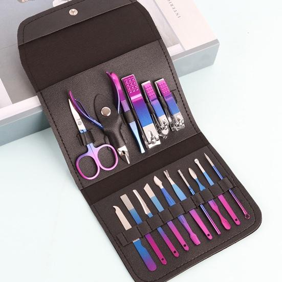 16 шт. маникюрный набор с чехлом из искусственной кожи, плоские косые кусачки для ногтей, ножницы для бровей, пилочка для чистки ушей, портативный педикюр из углеродистой стали