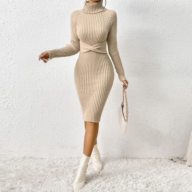 Womens High Neck Slim Fit Knit Sweater Dress Solid Color Long Sleeve Casual Chic Outfit