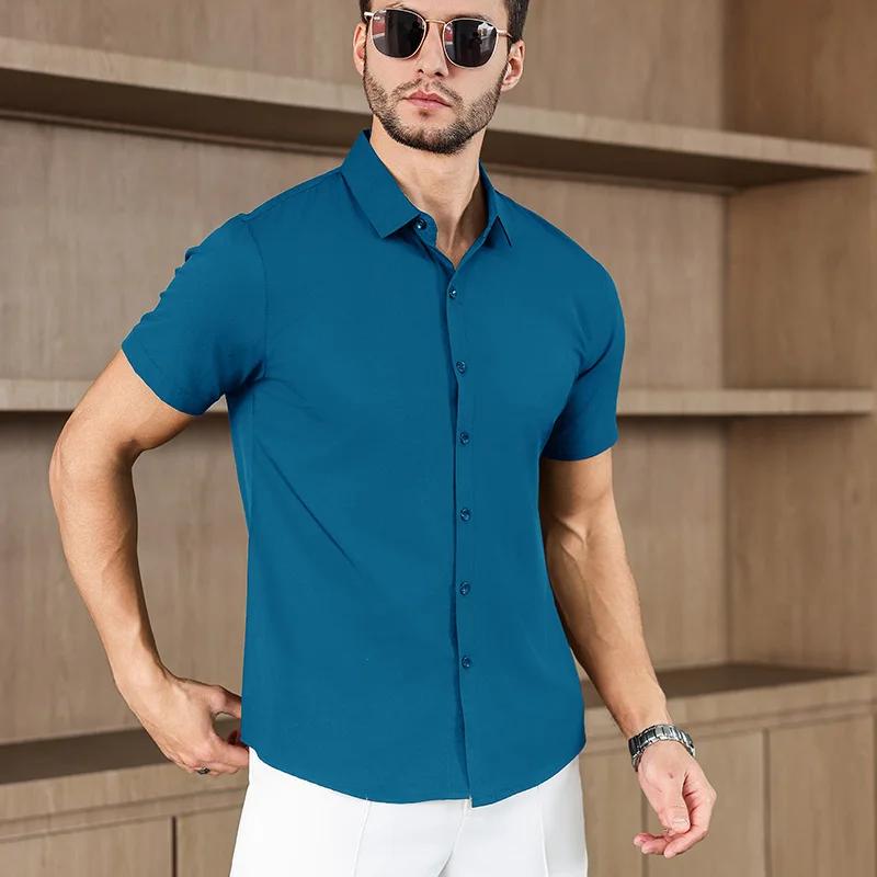 Мужская рубашка с коротким рукавом, однотонная, в стиле business casual, для летней моды, не требует глажки, удобный и универсальный топ