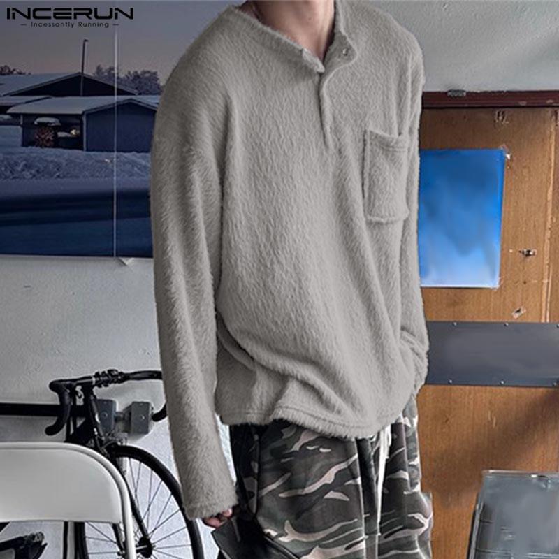 INCERUN Men Buttons Neck Long Sleeve Furry Casual Solid Loose T-shirts Tops