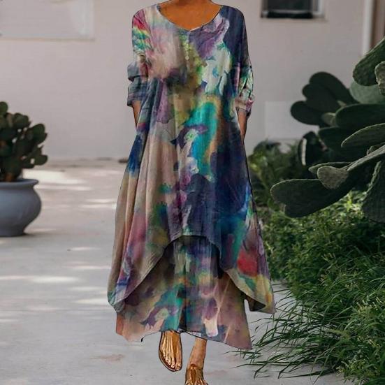 Layered Boho Dresses for Women Summer Floral Irregular Hem Maxi Dress Long Sleeve V-Neck Flowy Plus Size A-Line Dress