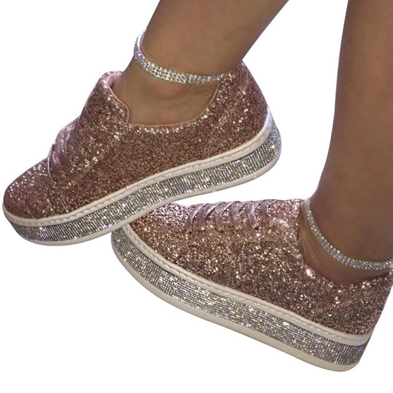 Женские весенние блестящие кроссовки с блестками, повседневная обувь на плоской подошве со шнуровкой