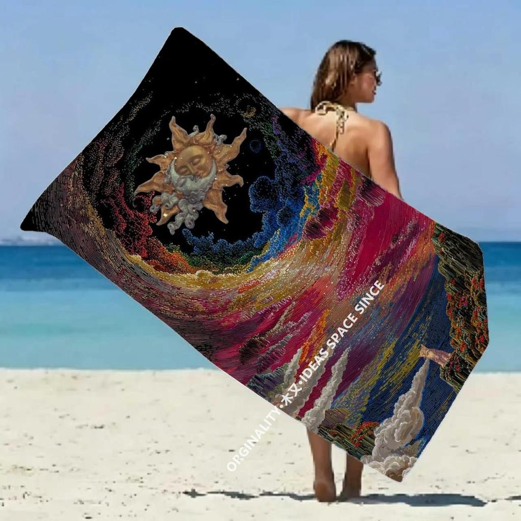 Celestial Sun Moon Galaxy Beach Towel Patterned Sunscreen And Windproof Suitable For Swimming Pool Camping Travel