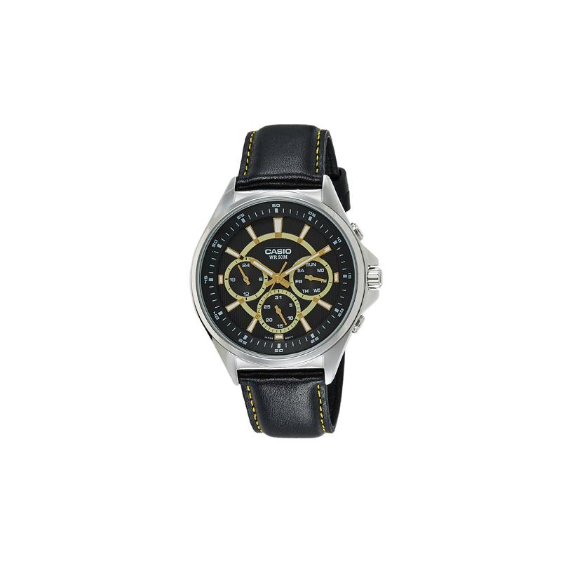 Casio Стандартная серия, водонепроницаемость 50 метров, кварцевый механизм, кожаный ремешок, японские и корейские часы, мужские часы, черный циферблат, MTP-E303L-1AVDF