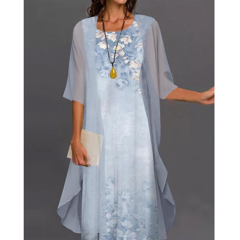 Плюс Размер Модное женское вечернее платье с принтом 2 шт. Кардиган Элегантные платья макси с круглым вырезом Повседневные длинные шифоновые платья Модные комплекты