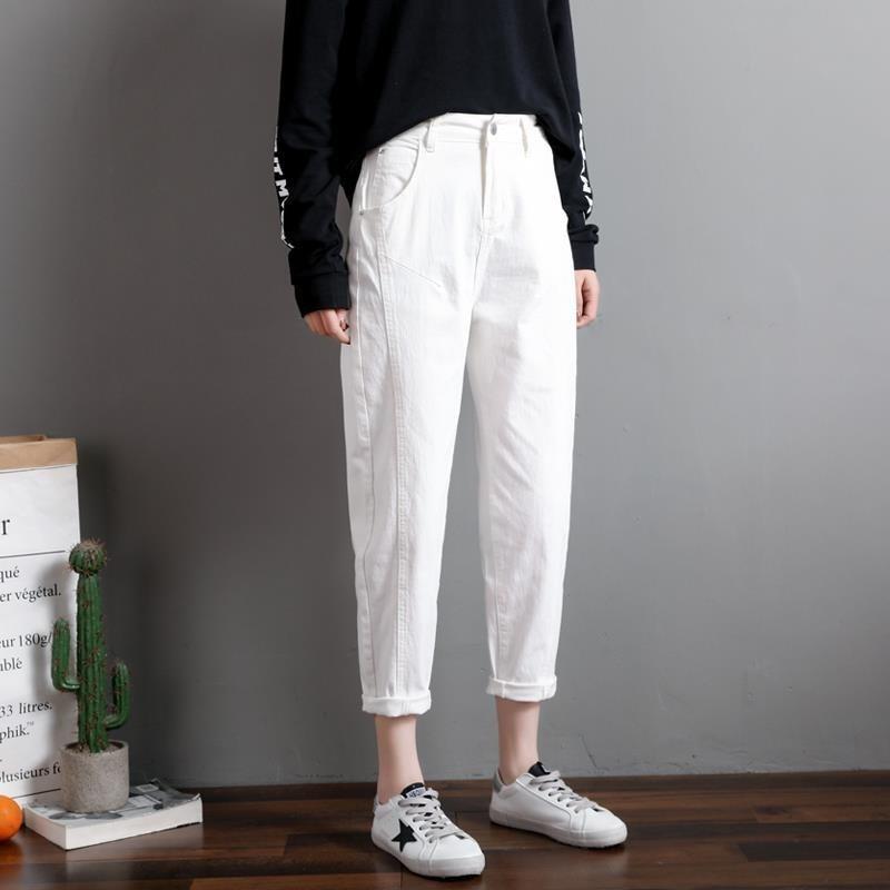 Укороченные брюки, сплошной цвет, джинсы больших размеров, женские свободные повседневные шаровары с высокой талией