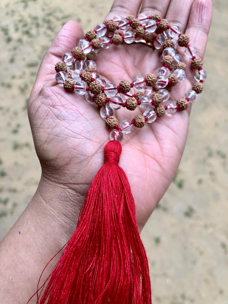 Indian Origin Rudraksha + Sfatik/ Sphatik Mala 108+1 Bead  5 mukhi 5 faces Lord Shivas Rosary Jaap Mala Yoga Prayer Healing Meditation 6 mm